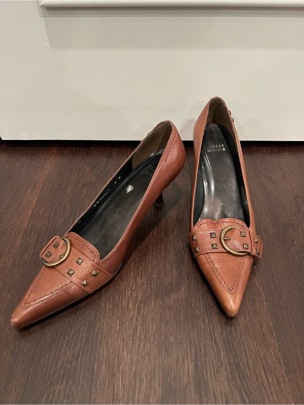 Stuart Weitzman Cognac Pointed Toe Studded Leather Pumps